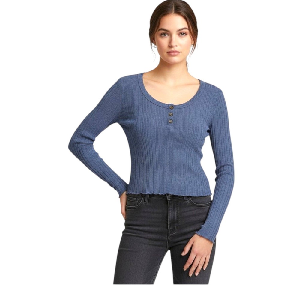 Aeropostale Aero Womens Top Blue L Henley Cropped Casual Soft Girl Stretch 90's